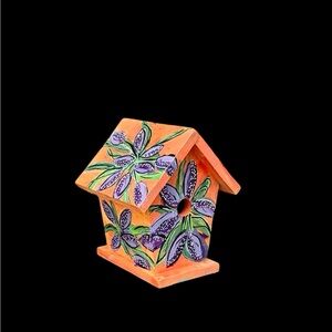 Hand-Painted by seller.  Birdhouse with Purple Flowers.